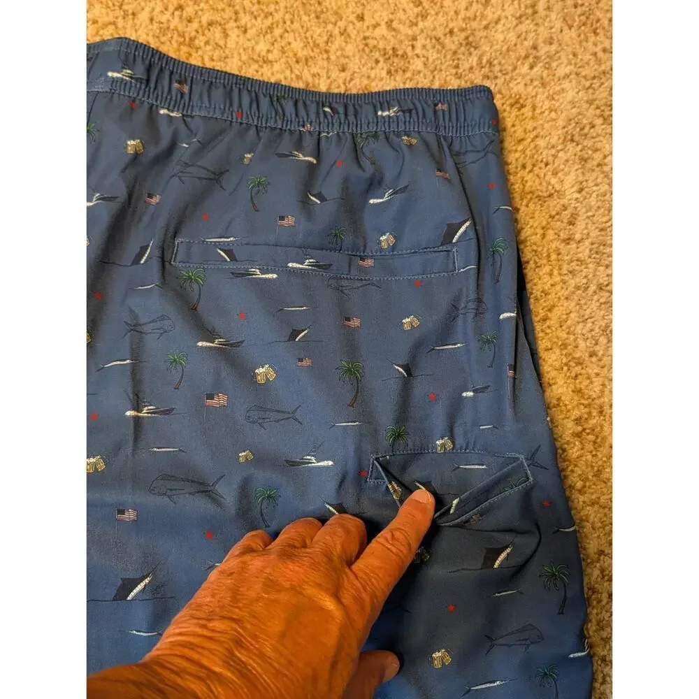 HUK Mens Charter Volley swim trunks/shorts, XXL; boat; Palm tree & Fish Pattern